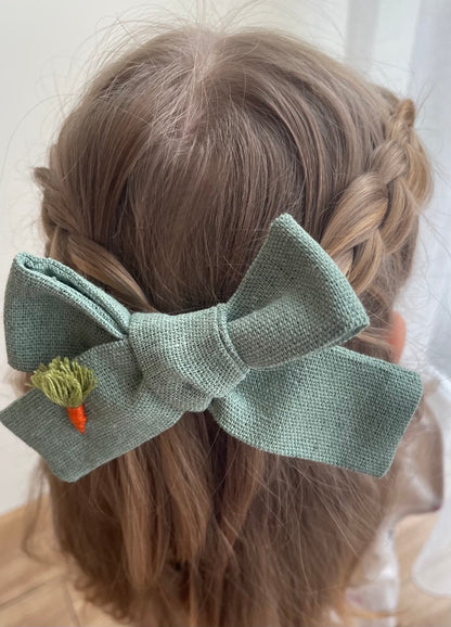 Embroidered Carrot Green Hair Accessories Set - Handmade Bow, Clip And Hair Ties 🚚 Free Shipping from Ukraine🇺🇦