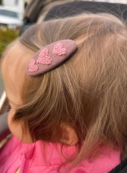 Pink Heart Embroidered Linen Hair Clip & Tie Set: Handmade Toddler Girl Gift 🚚 Free Shipping from Ukraine🇺🇦