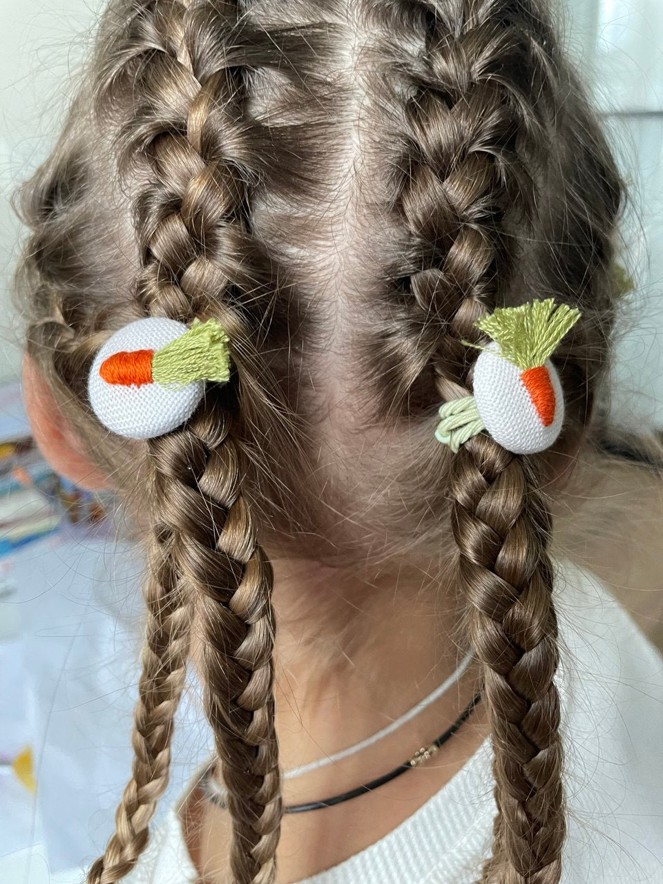 Embroidered Carrot Green Hair Accessories Set - Handmade Bow, Clip And Hair Ties 🚚 Free Shipping