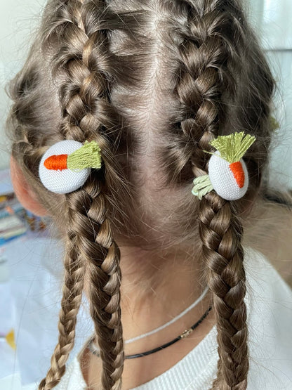 Embroidered Carrot Green Hair Accessories Set - Handmade Bow, Clip And Hair Ties 🚚 Free Shipping from Ukraine🇺🇦