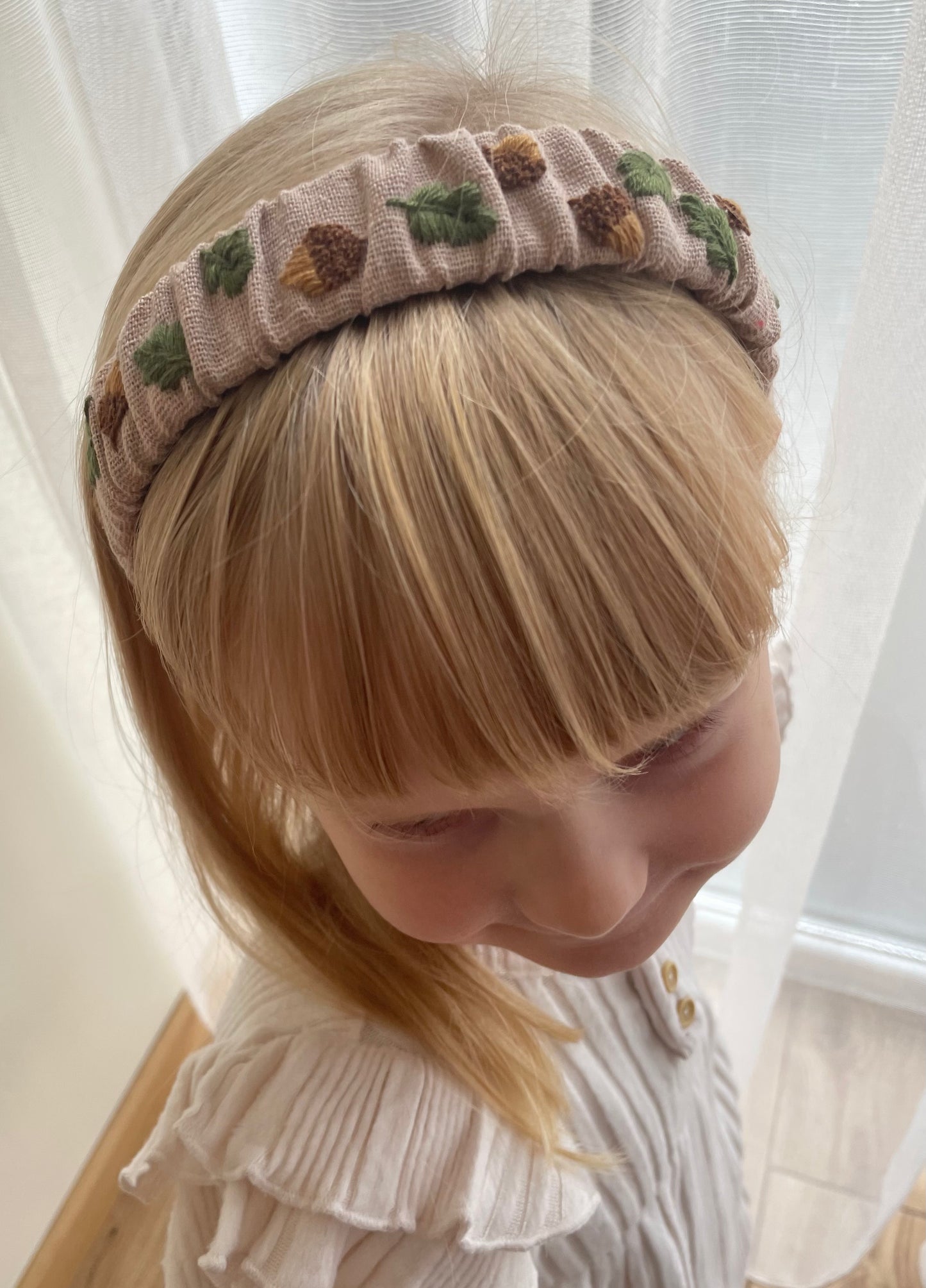 Embroidered Linen Autumn Baby Hair Accessories Set: Acorn Hair Ties, Clip, Bow & Headband 🚚 Free Shipping