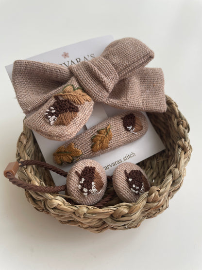 Embroidered Linen Autumn Baby Hair Accessories Set: Acorn Hair Ties, Clip, Bow & Headband 🚚 Free Shipping from Ukraine🇺🇦