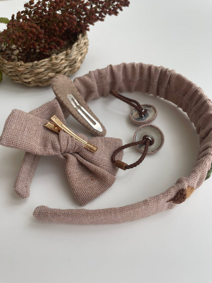 Embroidered Linen Autumn Baby Hair Accessories Set: Acorn Hair Ties, Clip, Bow & Headband 🚚 Free Shipping from Ukraine🇺🇦