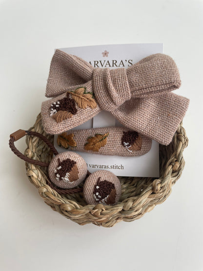 Embroidered Linen Autumn Baby Hair Accessories Set: Acorn Hair Ties, Clip, Bow & Headband 🚚 Free Shipping from Ukraine🇺🇦