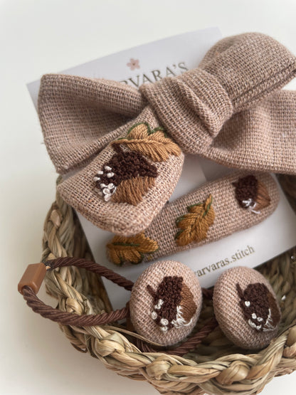 Embroidered Linen Autumn Baby Hair Accessories Set: Acorn Hair Ties, Clip, Bow & Headband 🚚 Free Shipping from Ukraine🇺🇦