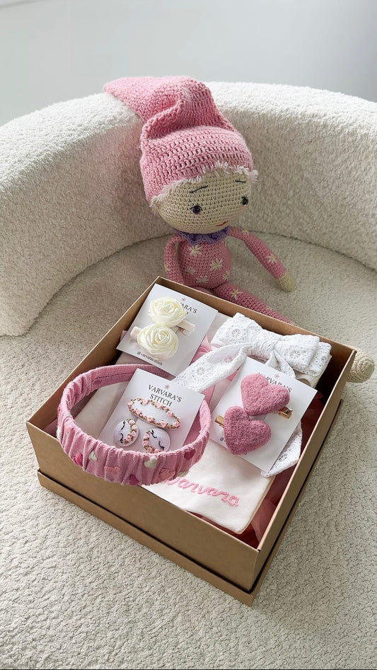 Personalized Toddler Girl Gift Set PINK | handmade hair accessories | newborn gift | baby shower present | headband & clips set 🚚 Free Shipping