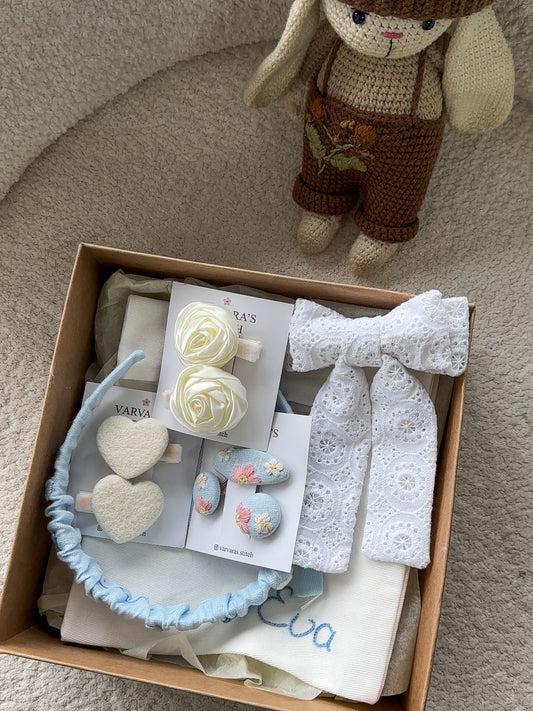 Personalized Toddler Girl Gift Set BLUE  | handmade hair accessories | newborn gift | baby shower present | headband & clips set 🚚 Free Shipping