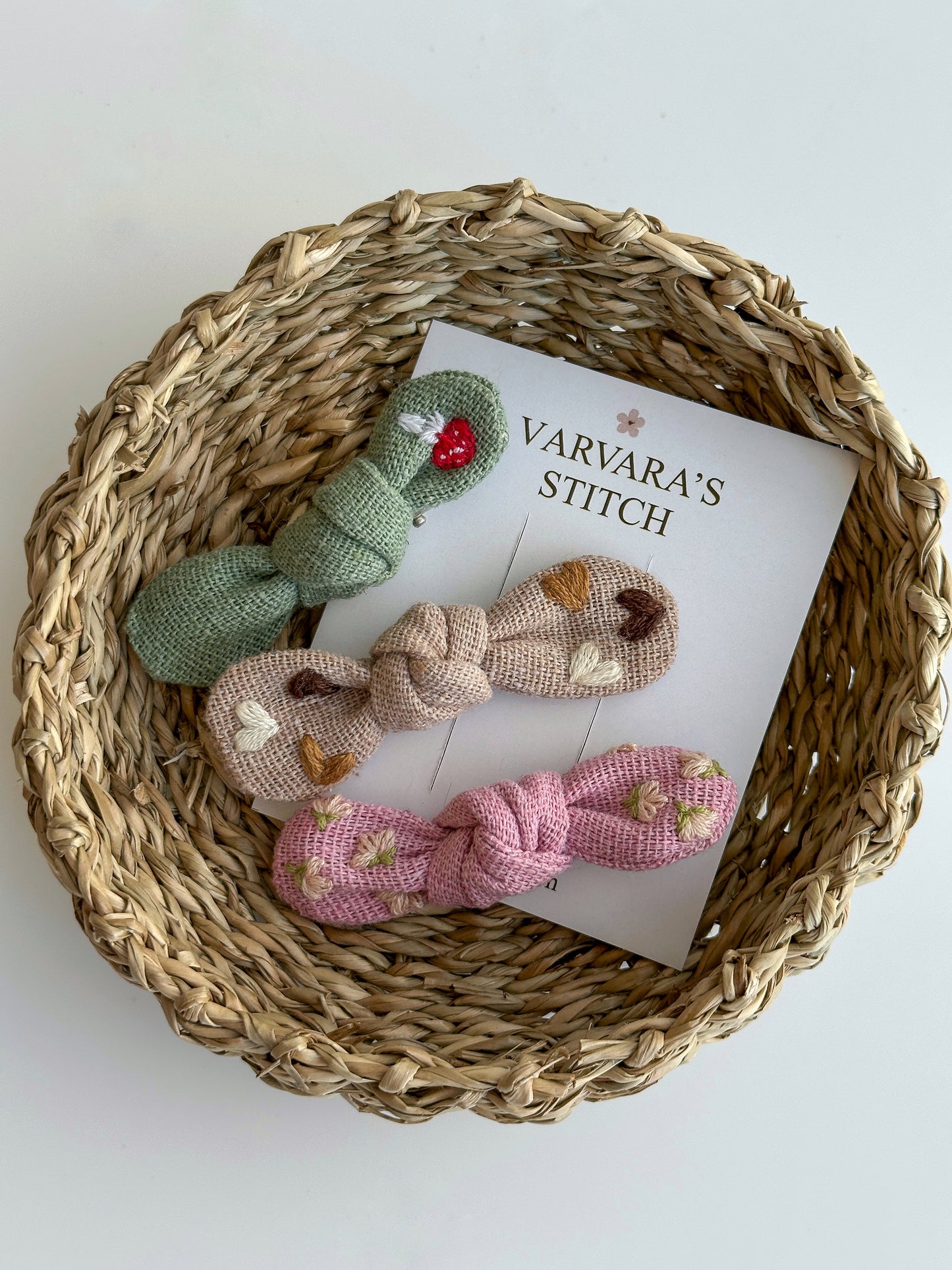 Mini Hair Bows & Elastic Set – Hand Embroidered Mushrooms, Flowers & Hearts 🚚 Free Shipping