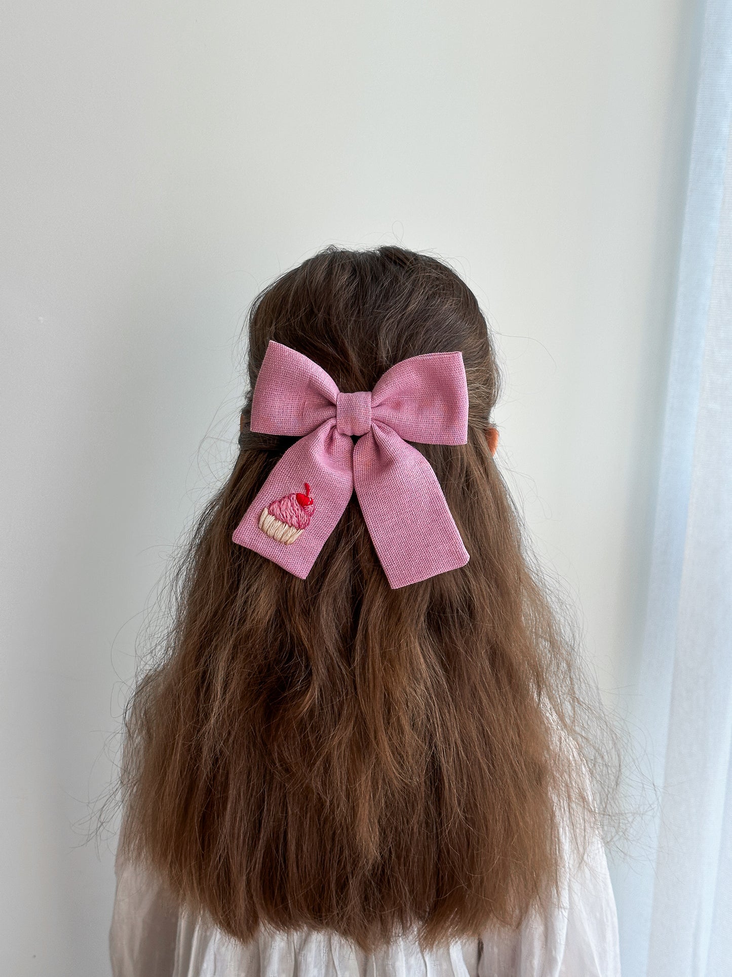 Hand Embroidered Linen Hair Bow - Cupcake, Mushroom, Lemon Designs 🚚 Free Shipping