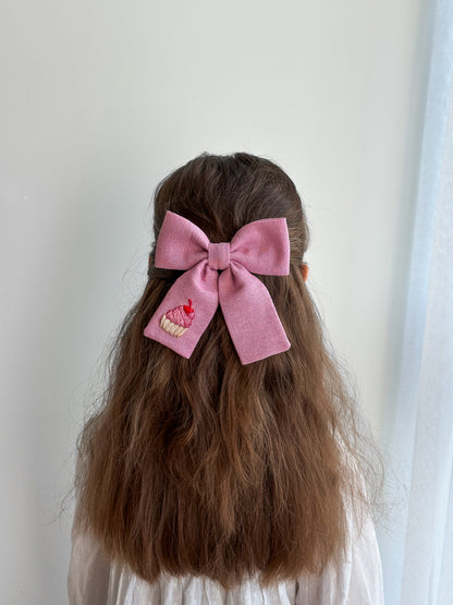 Hand Embroidered Linen Hair Bow - Cupcake, Mushroom, Lemon Designs 🚚 Free Shipping from Ukraine🇺🇦