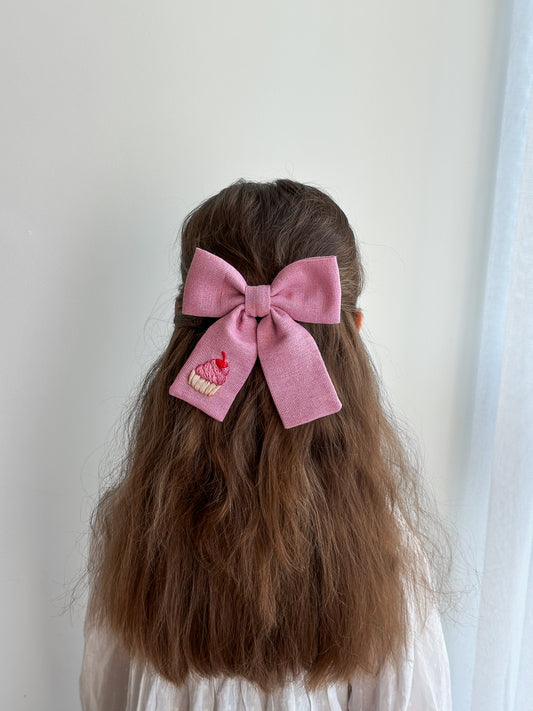 Hand Embroidered Linen Hair Bow - Cupcake, Mushroom, Lemon Designs 🚚 Free Shipping