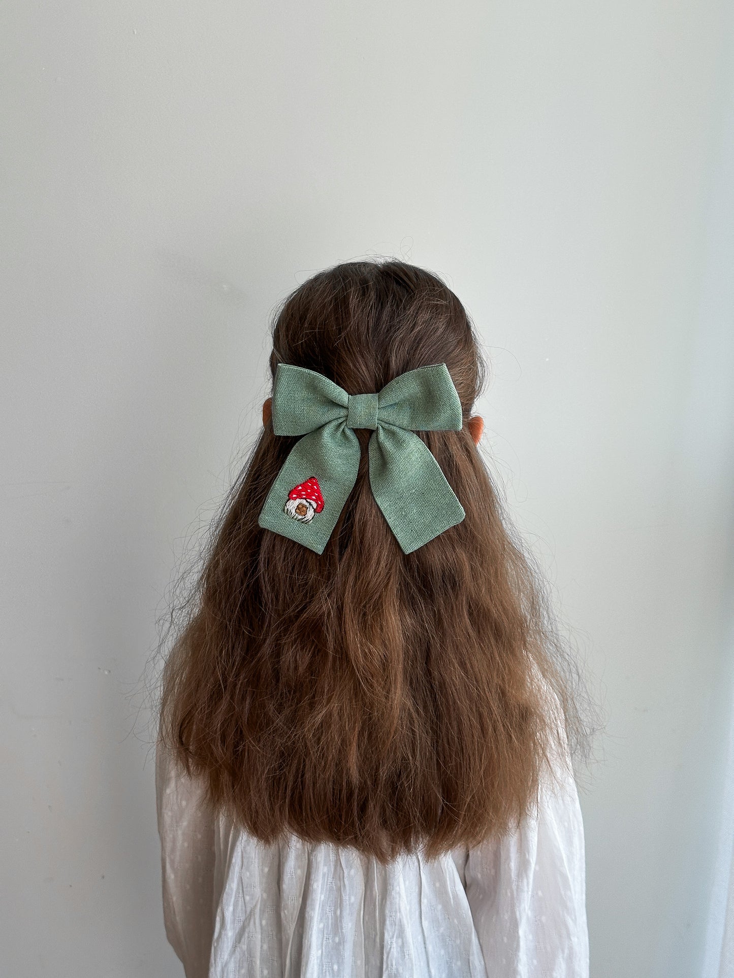 Hand Embroidered Linen Hair Bow - Cupcake, Mushroom, Lemon Designs 🚚 Free Shipping