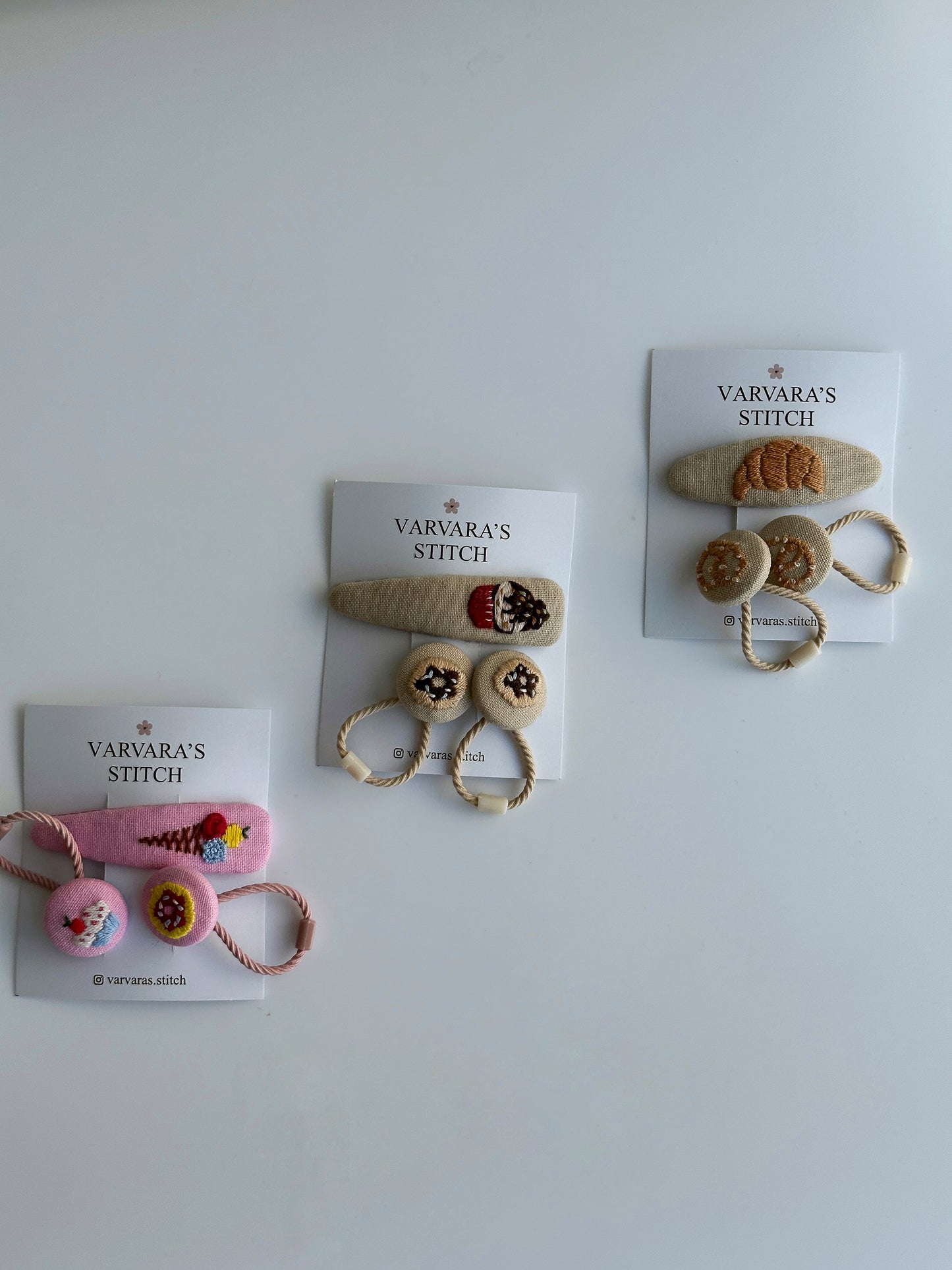 Hand-Embroidered Hair Clips & Ties Sets- Cute Dessert Collection: Linen Accessories for Girls 🚚 Free Shipping