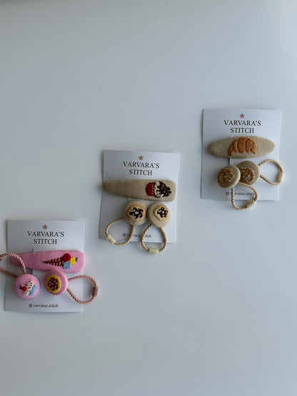 Hand-Embroidered Hair Clips & Ties Sets- Cute Dessert Collection: Linen Accessories for Girls 🚚 Free Shipping  from Ukraine🇺🇦
