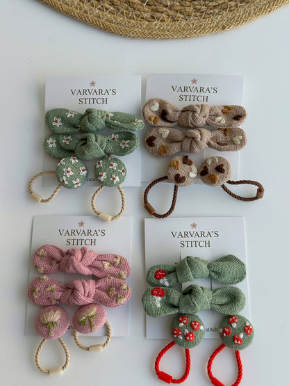Mini Hair Bows & Elastic Set – Hand Embroidered Mushrooms, Flowers & Hearts 🚚 Free Shipping from Ukraine🇺🇦
