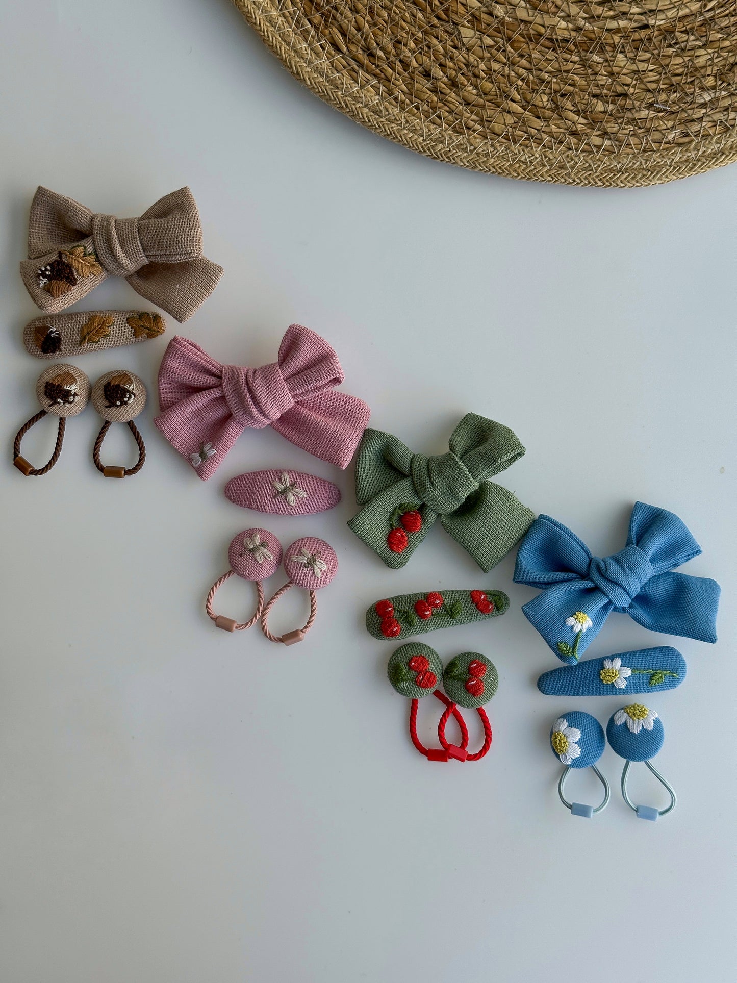 Hand Embroidered Hair Bow, Clip and Elastics: Chery, Daisy, Fly and Acorn Design 🚚 Free Shipping