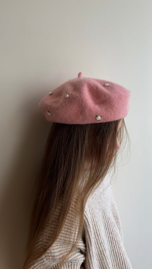 Hand Embroidered Wool Beret for Girls, Beret with Roses 🚚 Free Shipping