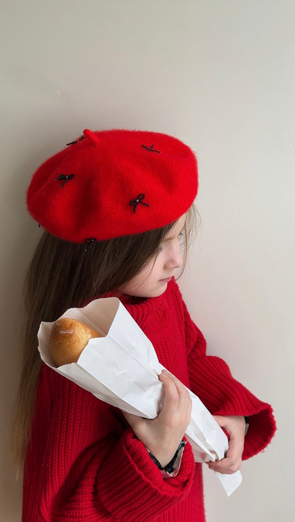 Hand Embroidered Wool Beret for Girls, Beret with Beads Bows 🚚 Free Shipping from Ukraine🇺🇦