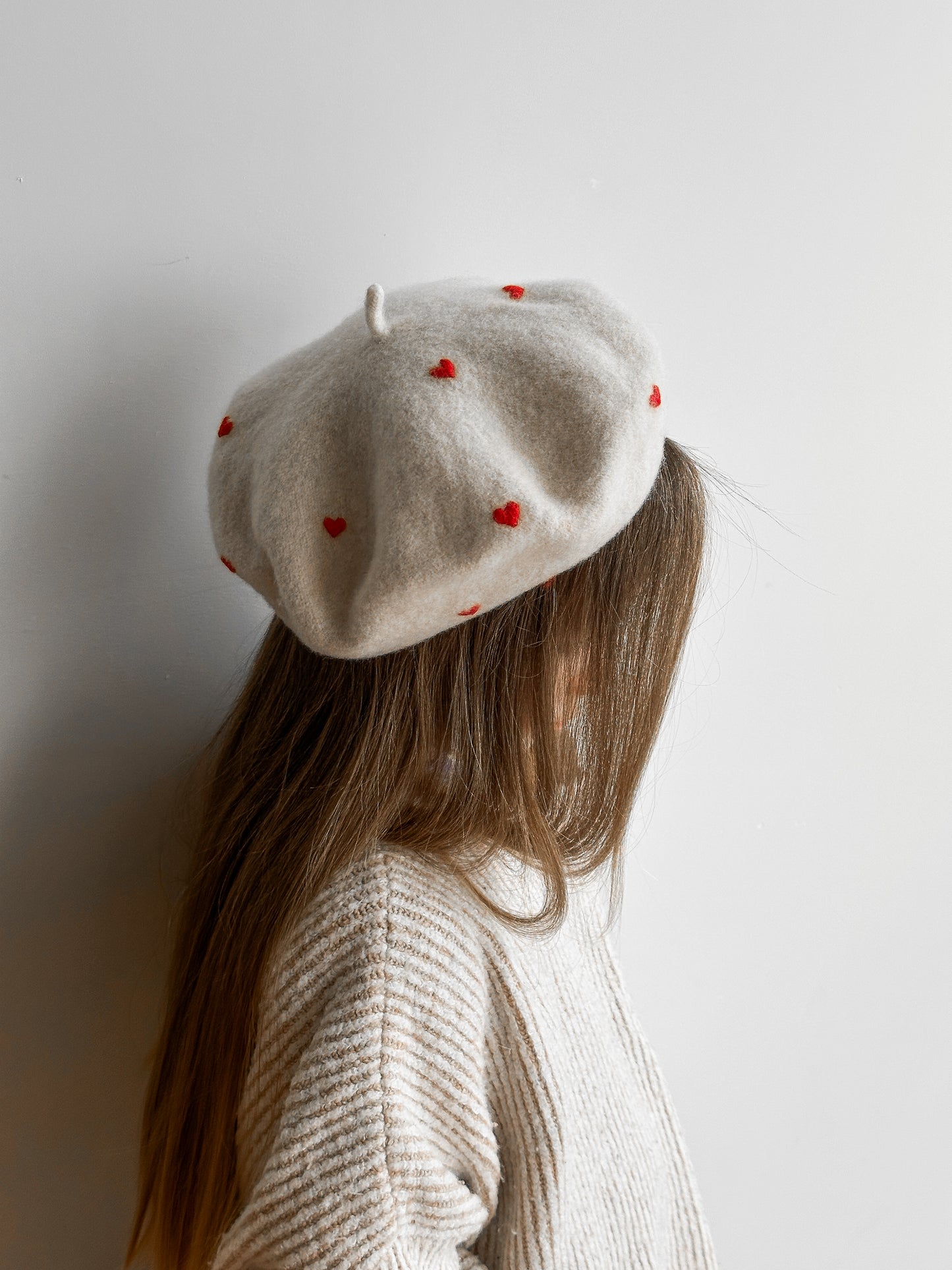 Hand Embroidered Wool Beret for Girls, Beret with Hearts 🚚 Free Shipping