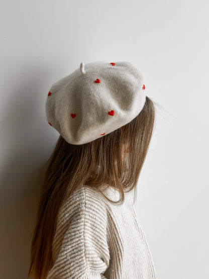 Hand Embroidered Wool Beret for Girls, Beret with Hearts, Roses, Bow 🚚 Free Shipping from Ukraine🇺🇦