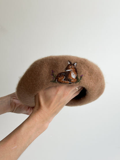 Hand Embroidered Wool Beret for Girls, Beret with Deer 🚚 Free Shipping from Ukraine🇺🇦