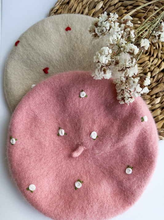 Hand Embroidered Wool Beret for Girls, Beret with Hearts, Roses, Bow 🚚 Free Shipping from Ukraine🇺🇦