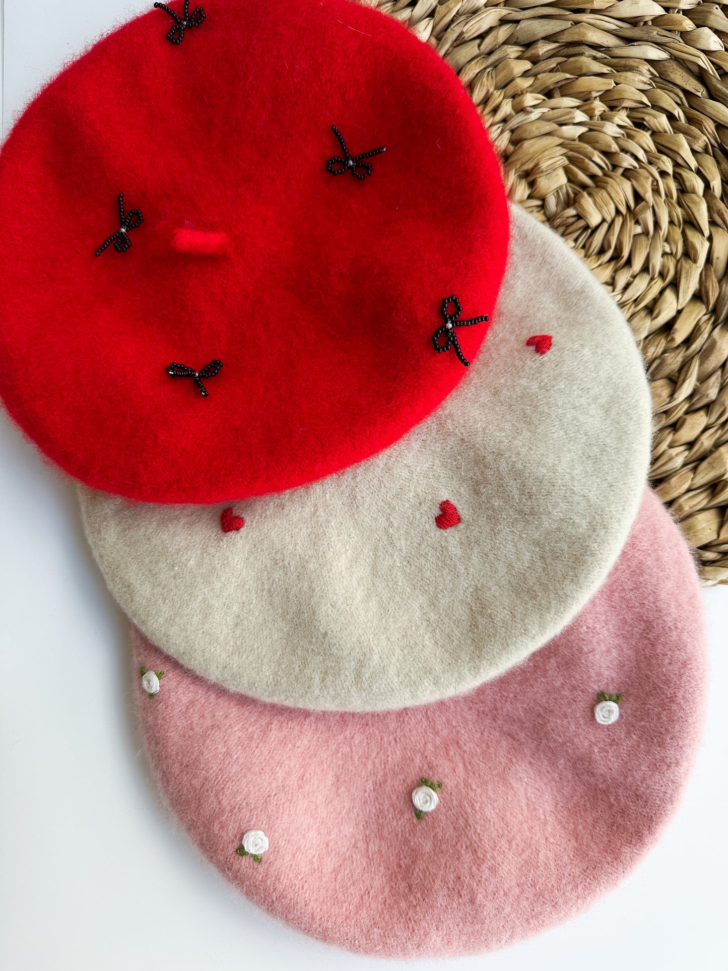 Hand Embroidered Wool Beret for Girls, Beret with Beads Bows 🚚 Free Shipping