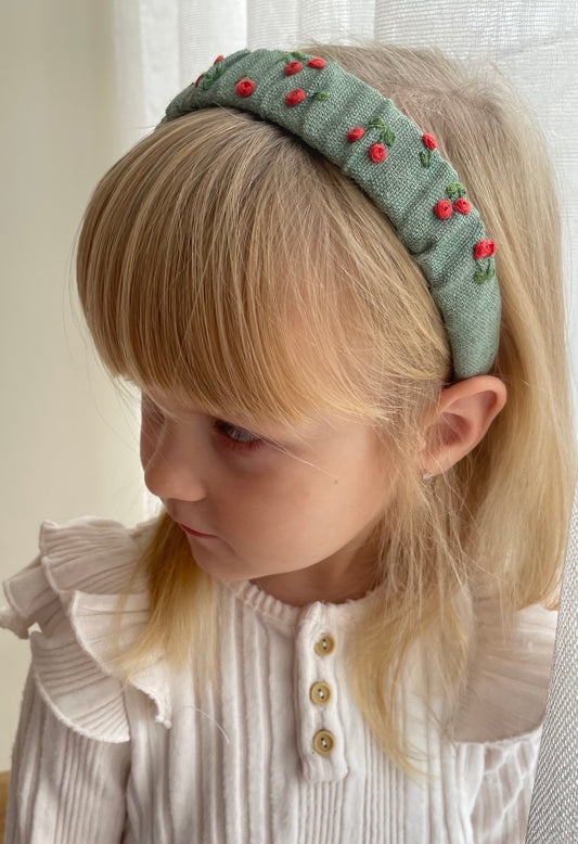 Green Linen Embroidered Cherry Headband for Girls – Floral Hair Accessory 🚚 Free Shipping