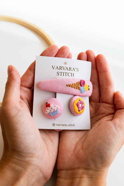Hand-Embroidered Hair Clips & Ties Sets- Cute Dessert Collection: Linen Accessories for Girls 🚚 Free Shipping  from Ukraine🇺🇦