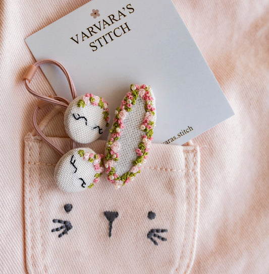 Floral Embroidered Linen Hair Tie & Clip Set 🚚 Free Shipping