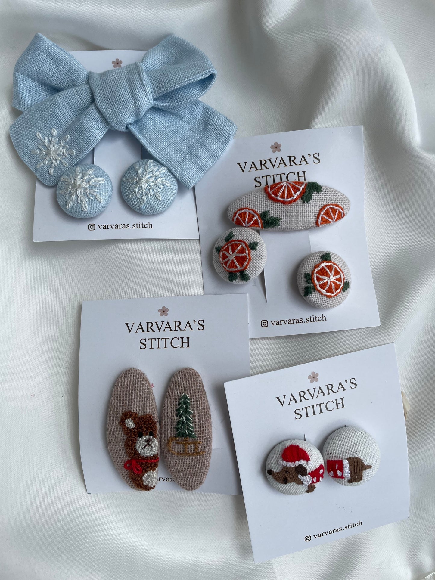 Hand-embroidered Linen Hair Accessories Set, Winter Fruit Design 🚚 Free Shipping