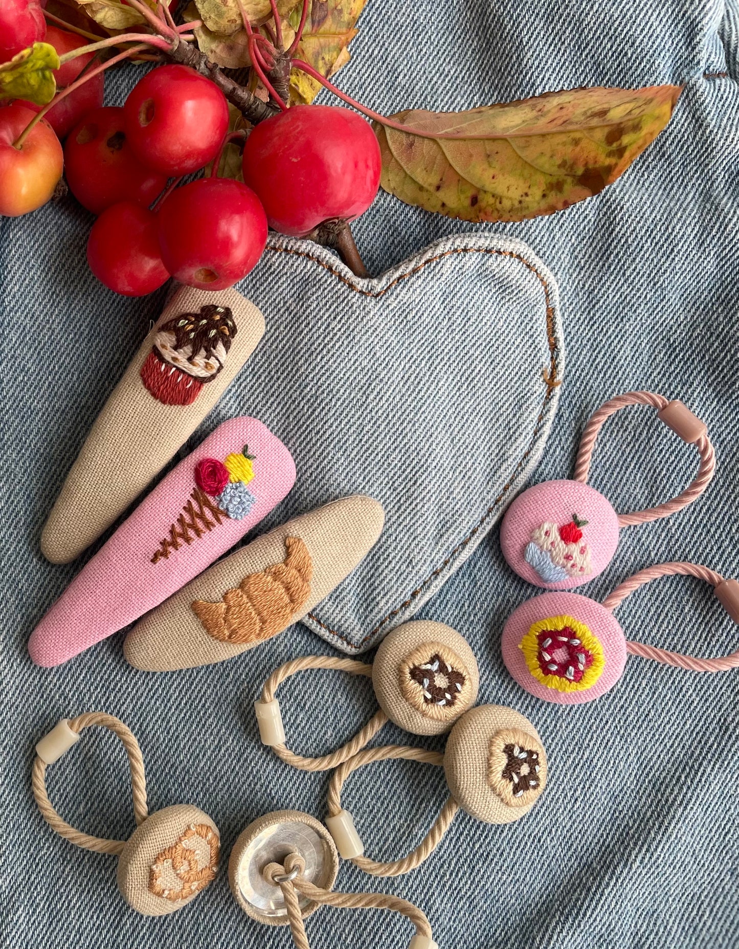 Hand-Embroidered Hair Clips & Ties Sets- Cute Dessert Collection: Linen Accessories for Girls 🚚 Free Shipping
