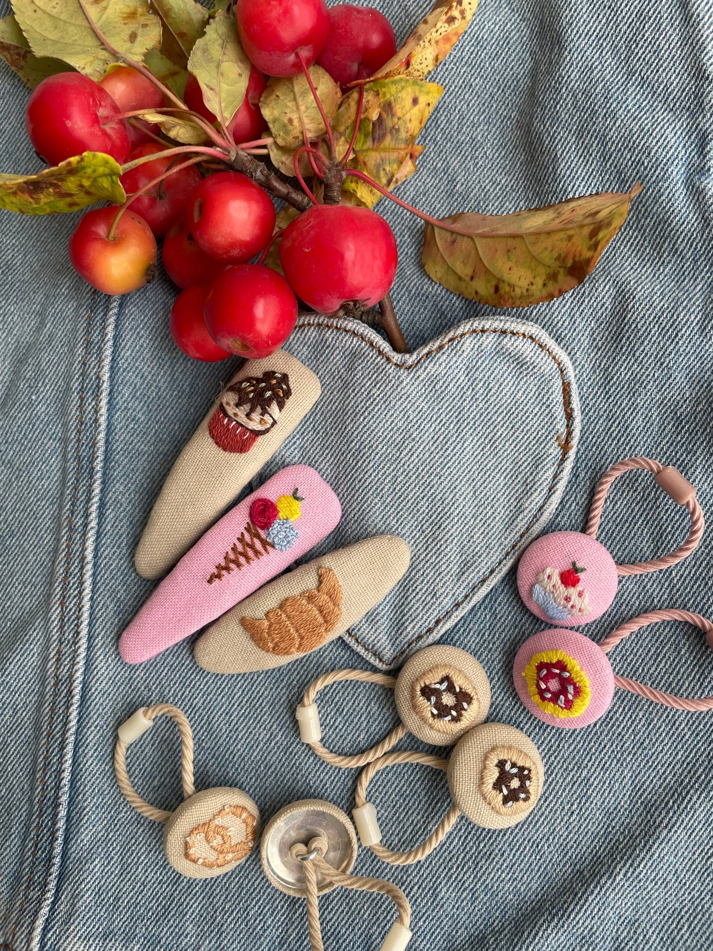 Hand-Embroidered Hair Clips & Ties Sets- Cute Dessert Collection: Linen Accessories for Girls 🚚 Free Shipping