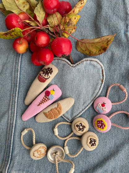 Hand-Embroidered Hair Clips & Ties Sets- Cute Dessert Collection: Linen Accessories for Girls 🚚 Free Shipping  from Ukraine🇺🇦