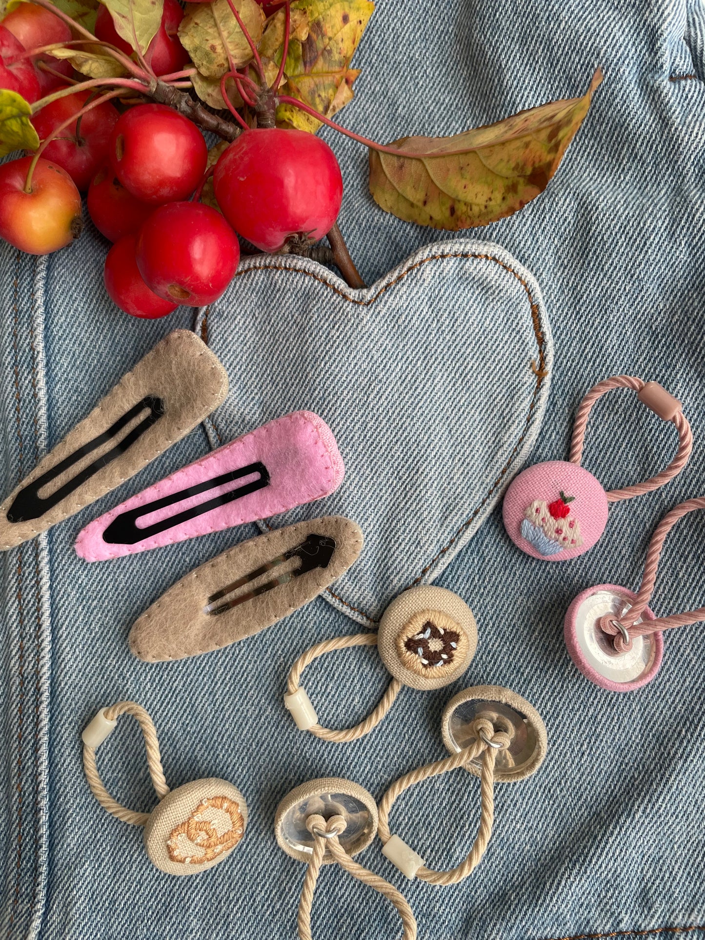 Hand-Embroidered Hair Clips & Ties Sets- Cute Dessert Collection: Linen Accessories for Girls 🚚 Free Shipping