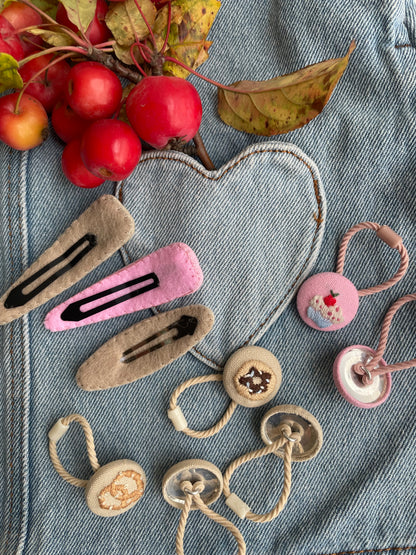 Hand-Embroidered Hair Clips & Ties Sets- Cute Dessert Collection: Linen Accessories for Girls 🚚 Free Shipping  from Ukraine🇺🇦