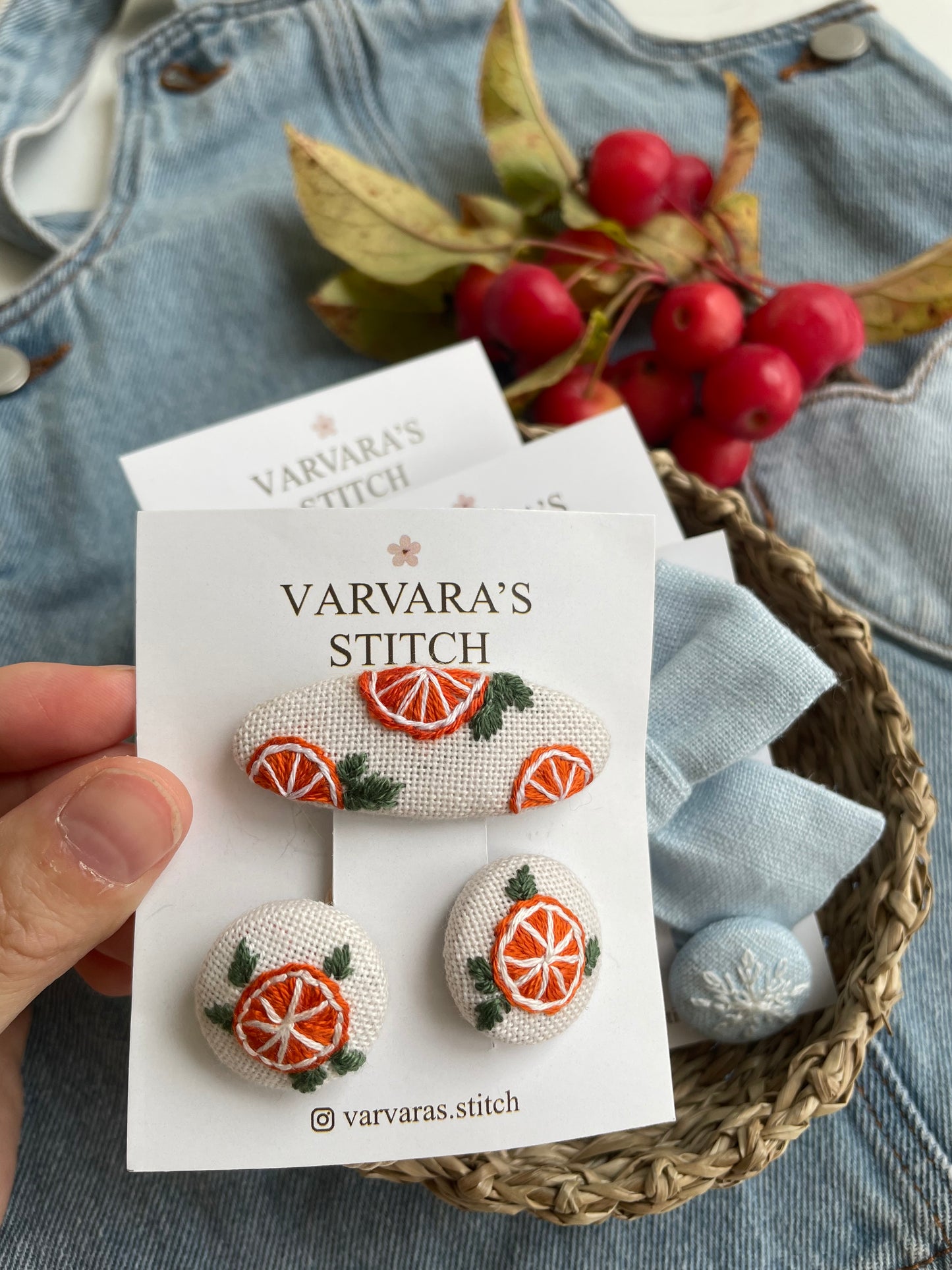 Hand-embroidered Linen Hair Accessories Set, Winter Fruit Design 🚚 Free Shipping