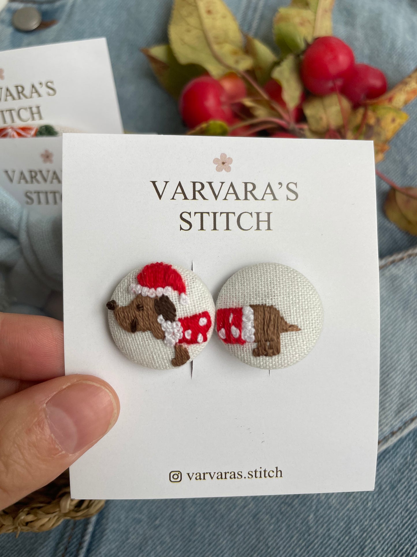 Hand-embroidered Linen Hair Accessories Set, Winter Fruit Design 🚚 Free Shipping