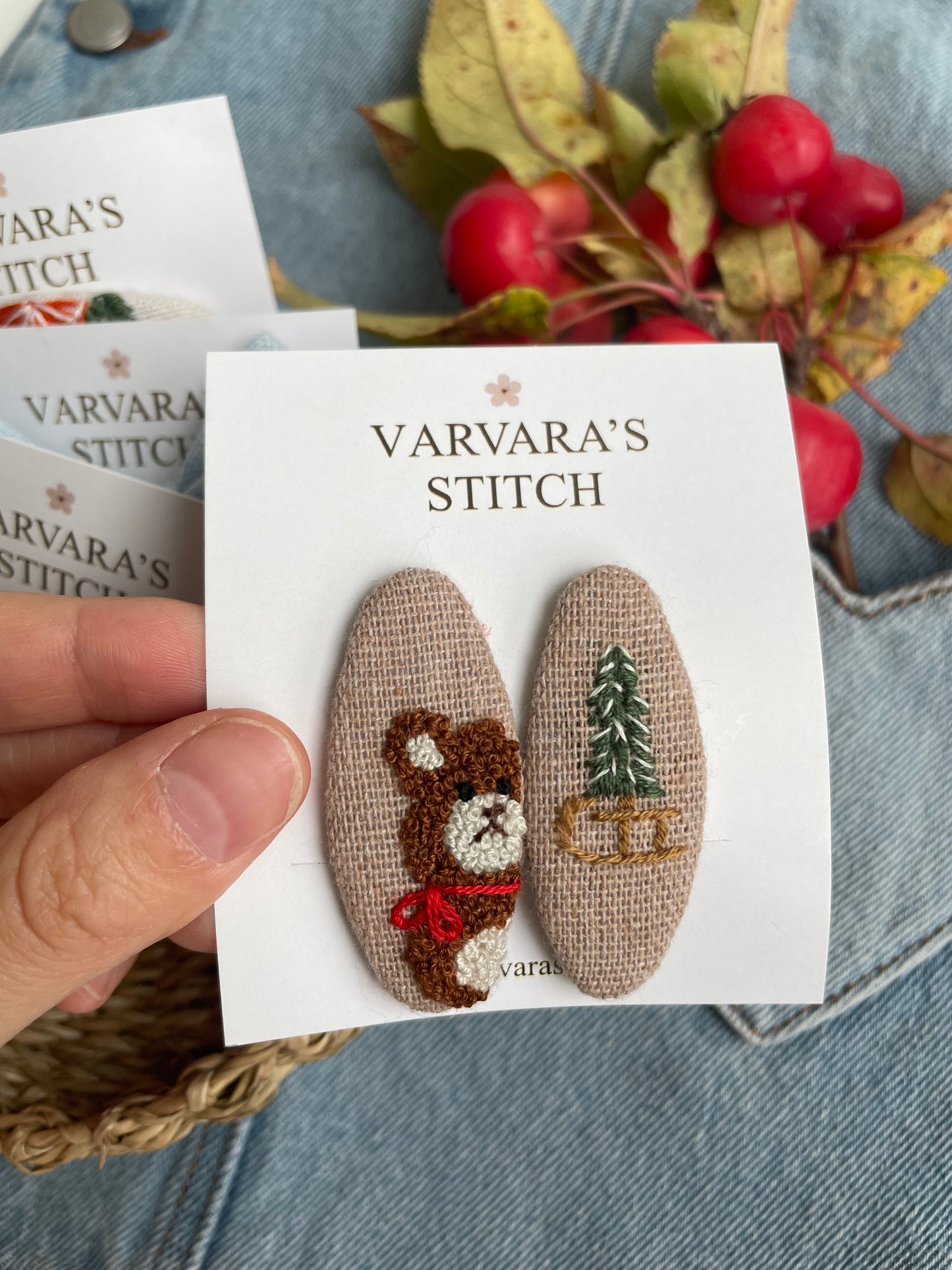 Hand-embroidered Linen Hair Accessories Set, Winter Fruit Design 🚚 Free Shipping