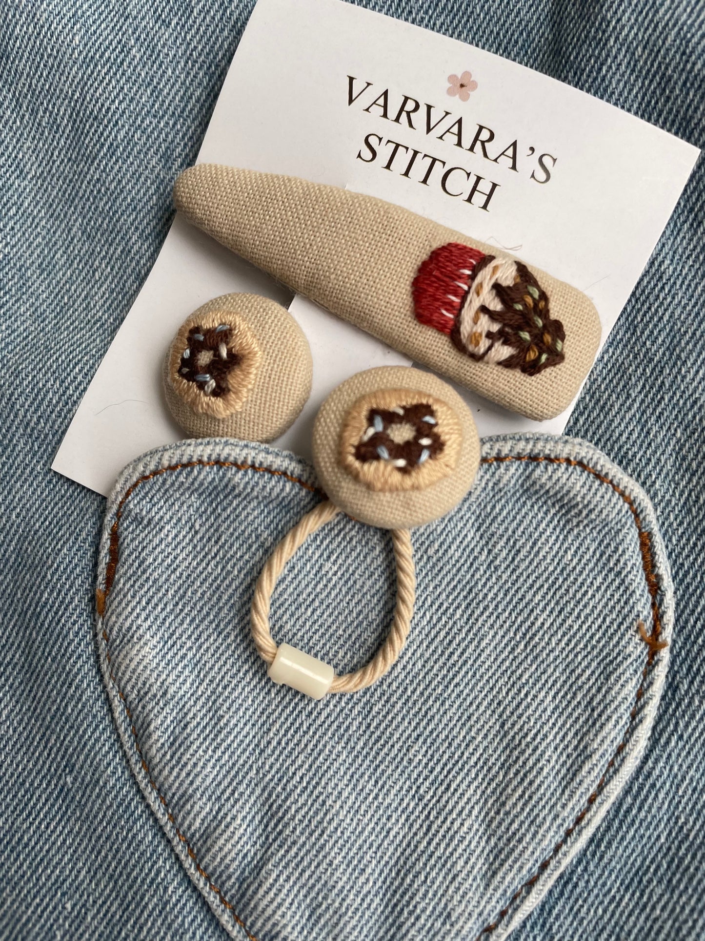 Hand-Embroidered Hair Clips & Ties Sets- Cute Dessert Collection: Linen Accessories for Girls 🚚 Free Shipping