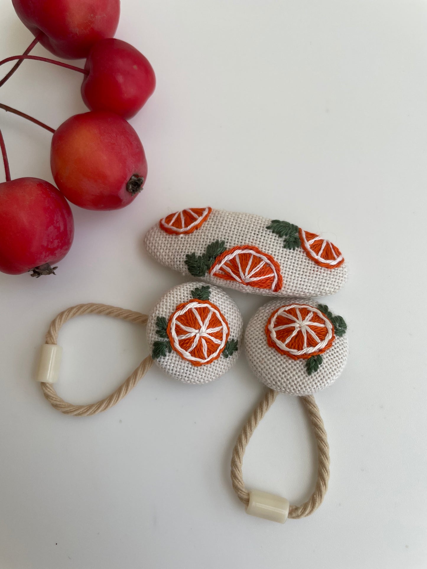 Hand-embroidered Linen Hair Accessories Set, Winter Fruit Design 🚚 Free Shipping