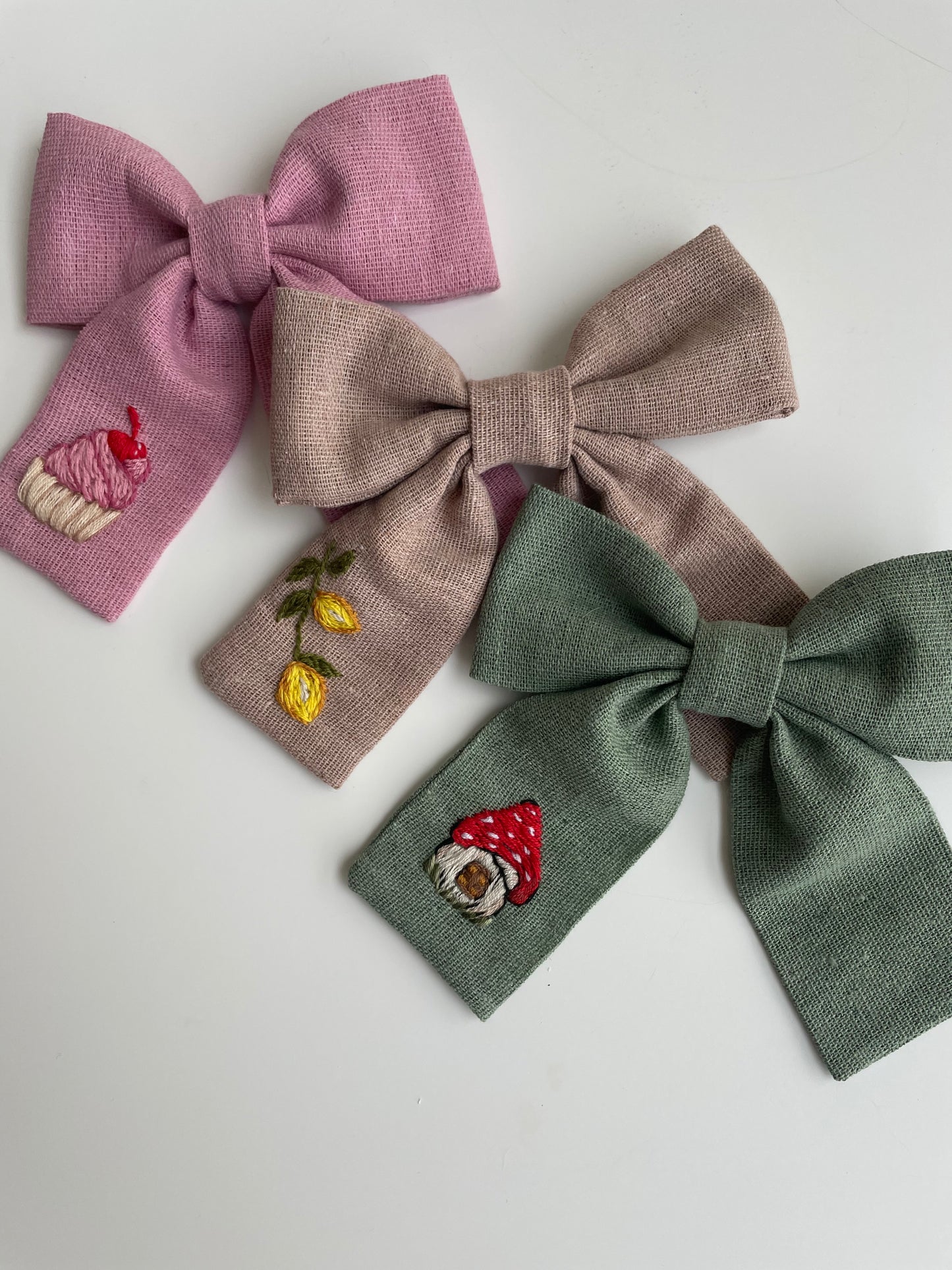 Hand Embroidered Linen Hair Bow - Cupcake, Mushroom, Lemon Designs 🚚 Free Shipping