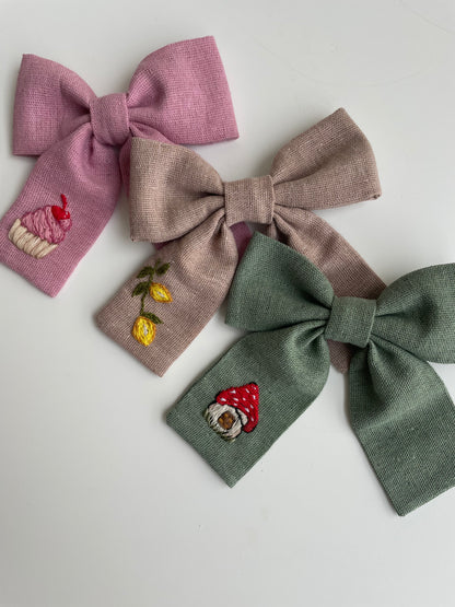 Hand Embroidered Linen Hair Bow - Cupcake, Mushroom, Lemon Designs 🚚 Free Shipping from Ukraine🇺🇦