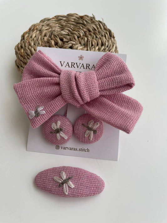 Hand Embroidered Hair Bow, Clip and Elastics: Chery, Daisy, Fly and Acorn Design 🚚 Free Shipping