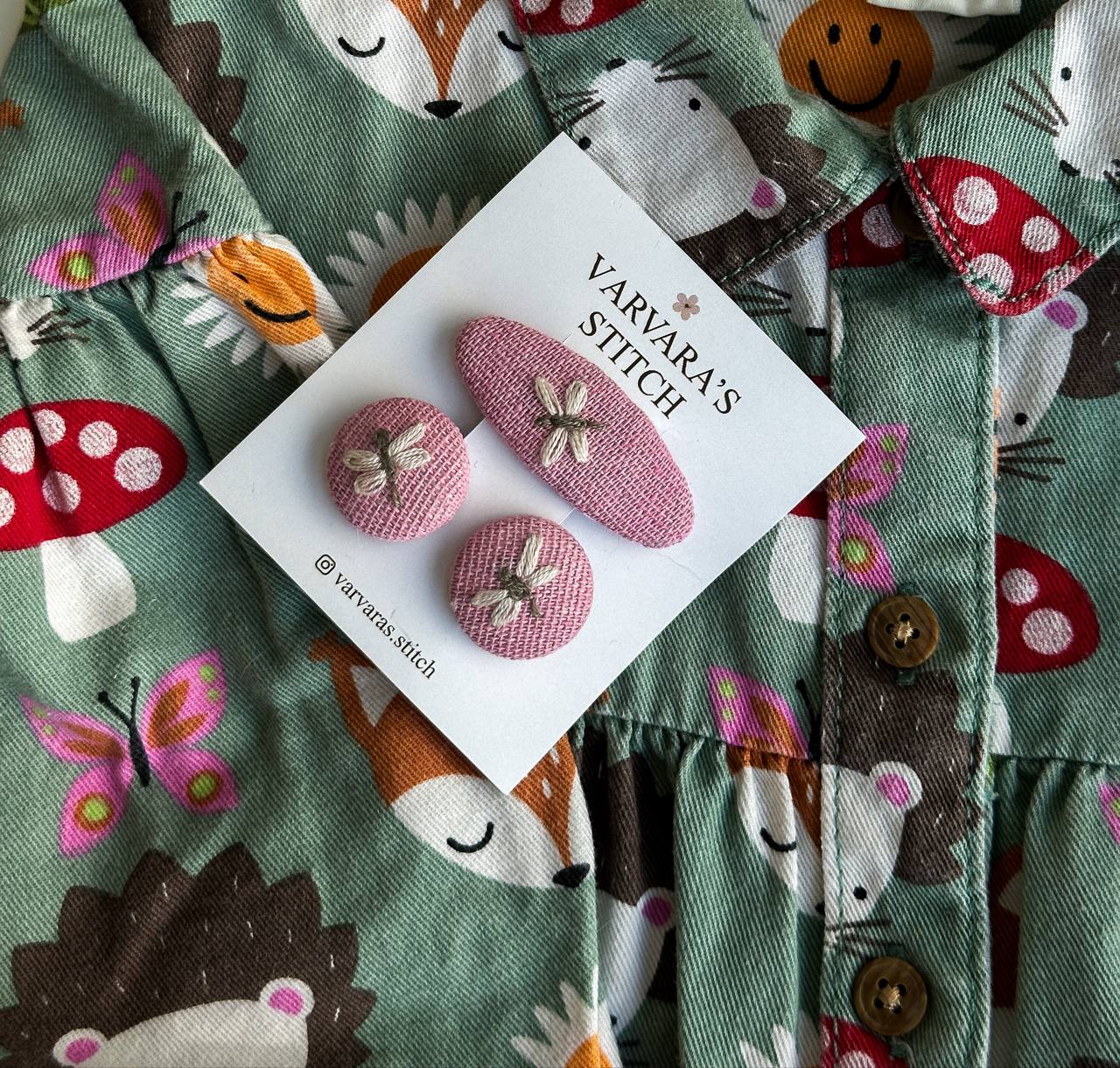 Hand Embroidered Hair Bow, Clip and Elastics: Chery, Daisy, Fly and Acorn Design 🚚 Free Shipping