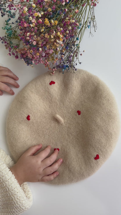 Hand Embroidered Wool Beret for Girls, Beret with Hearts, Roses, Bow 🚚 Free Shipping from Ukraine🇺🇦