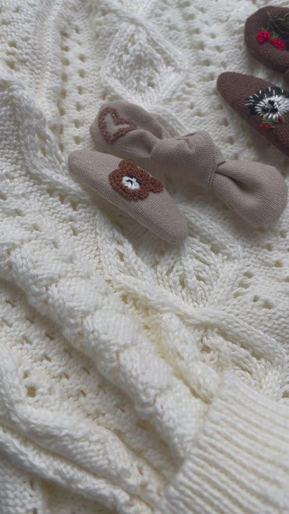 Embroidered Linen Hair Clips – Teddy Bear & Heart Set 🚚 Free Shipping from Ukraine🇺🇦