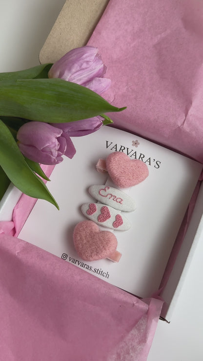 Personalized Hair Clip Set with Name – Linen & Cotton Heart Clips (4 pcs) 🚚 Free shipping